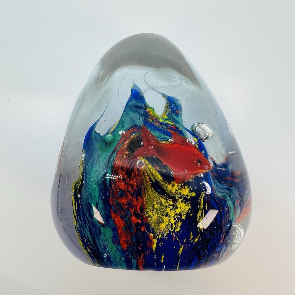 Art Glass Egg Shaped Heavy Paperweight Tropical Aquarium Murano Style 3"